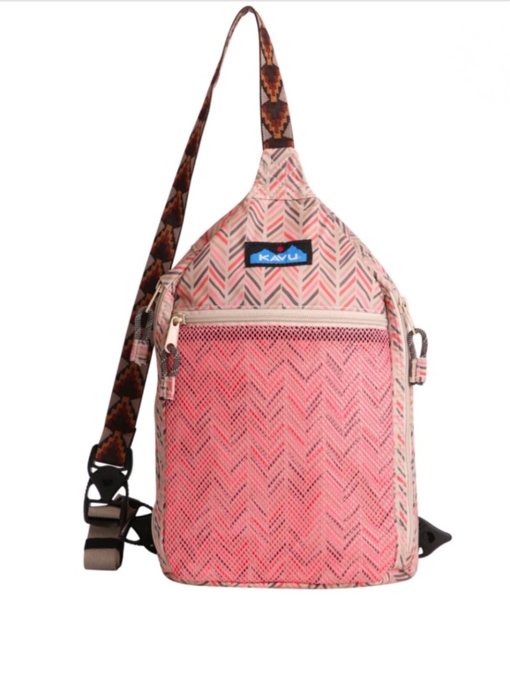 Kavu Yoho Sling Bag - Pink Chevron with Brown Strap
